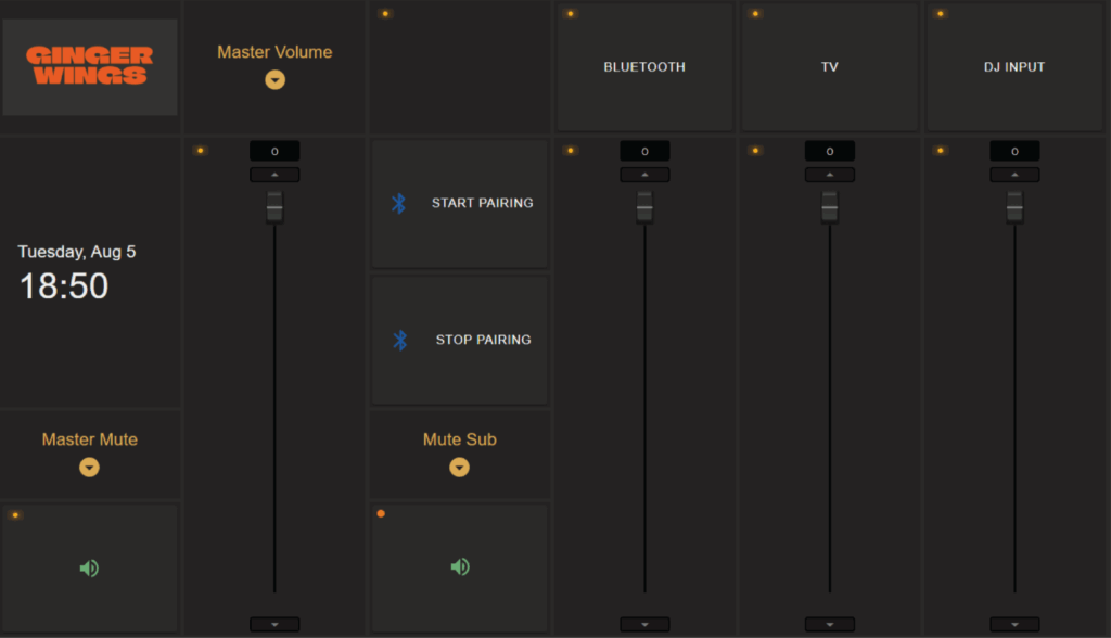 Tablet showing Audac Touch control app used to manage audio zones at Ginger Wings